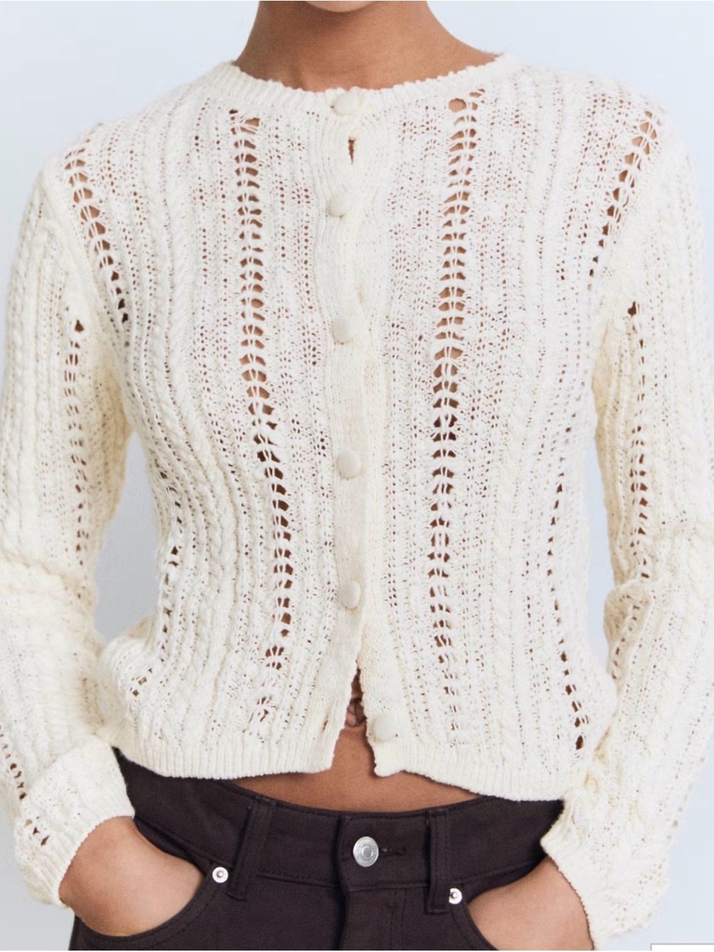 Mango Cream Openwork Button-Front Knit Cardigan